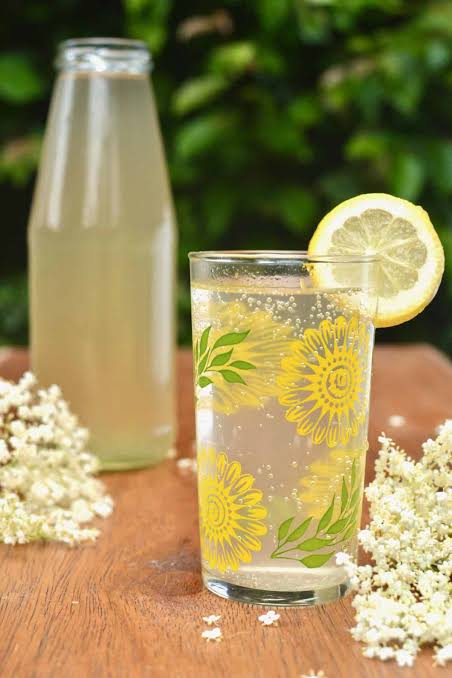 A glass of homemade elderflower cordial